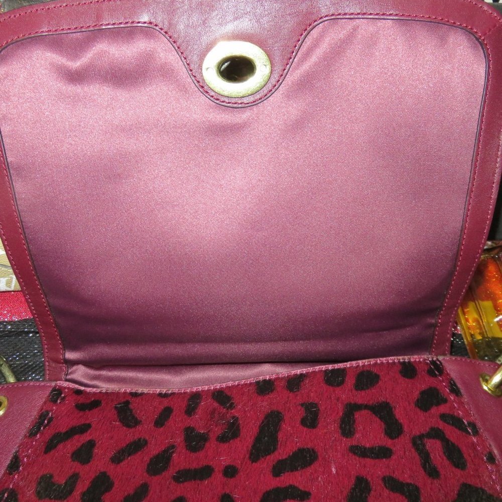 Coach Park Hair Calf turn Lock Flap Satchel in Leopard Oxblood Burgundy  F24986 - Picture 8 of 16